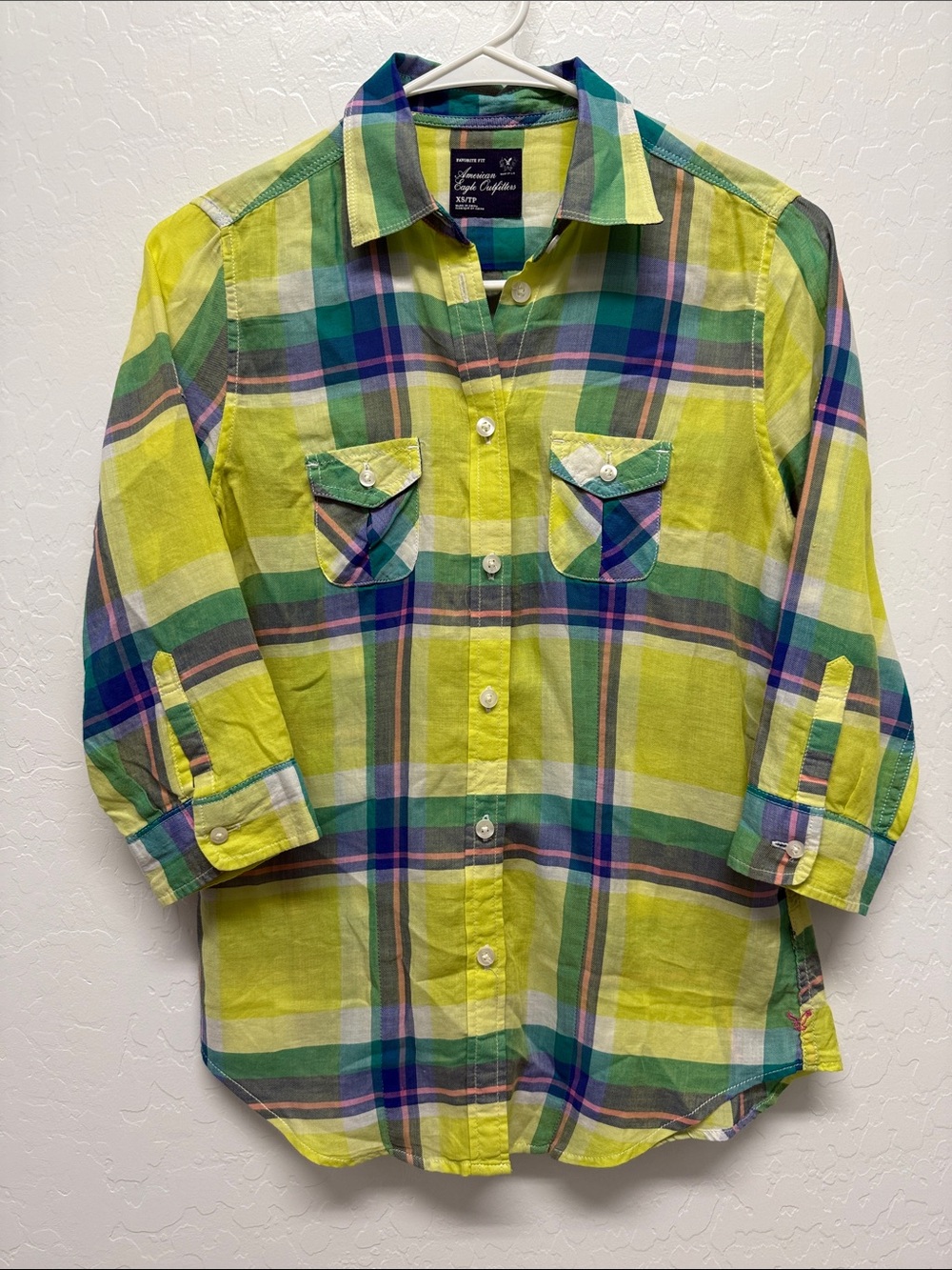 American Eagle Outfitters Yellow Green Plaid Button-Down Shirt